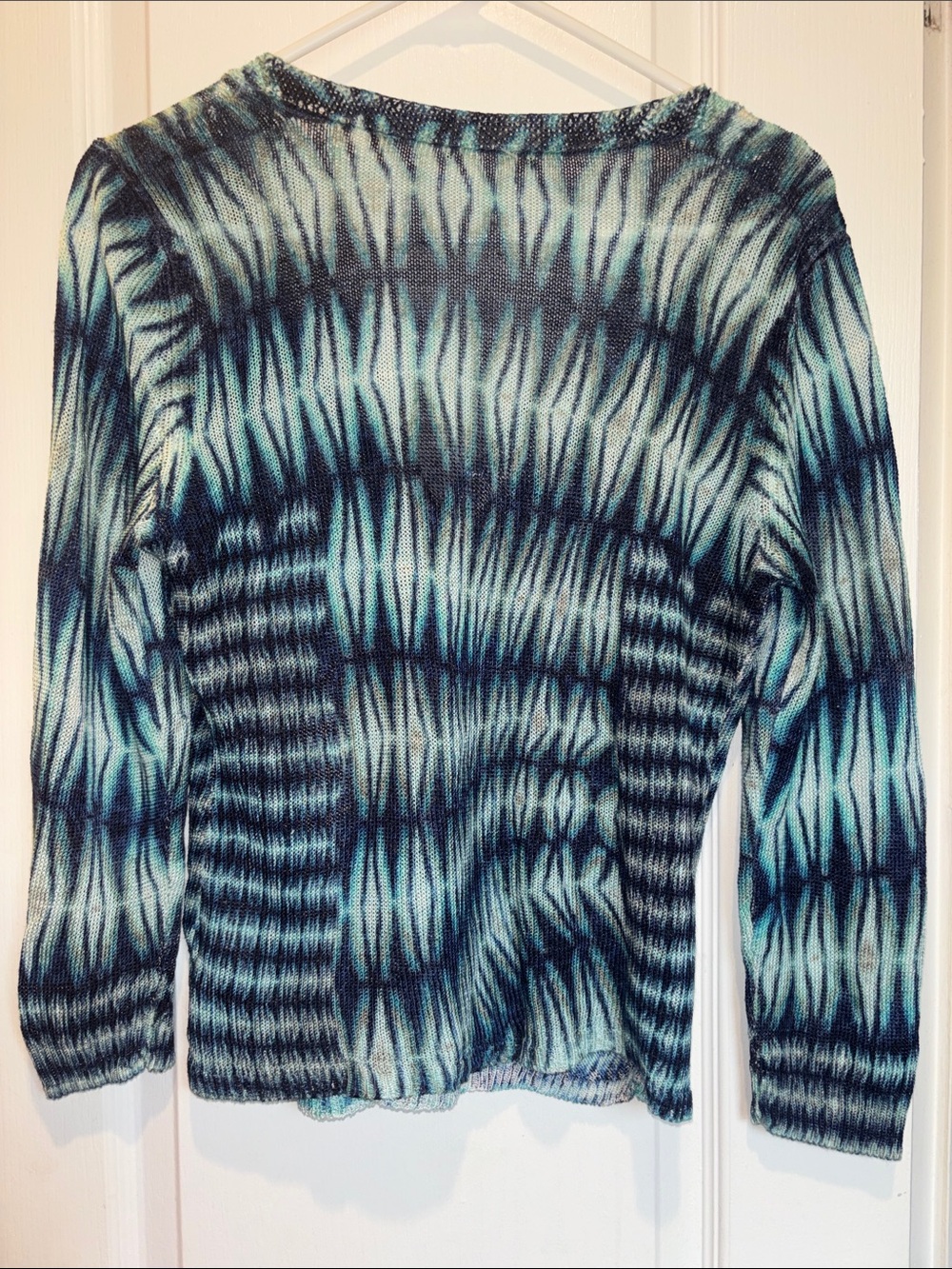 BLUE AND GREEN OPEN KNIT BUTTON DOWN SWEATER LINEN AND VISCOSE LIGHT WEIGHT - Picture 4 of 8